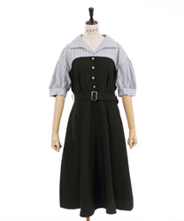 Shirt color docking Dress(Black-F)