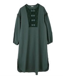 【Time Sale】China button shirt one-piece(Green-Free)