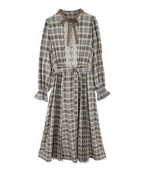 【Time Sale】Pleated check pattern dress(Ecru-Free)