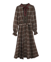 【Time Sale】Pleated check pattern dress(Brown-Free)