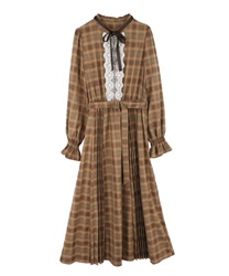【Time Sale】Pleated check pattern dress(Camel-Free)