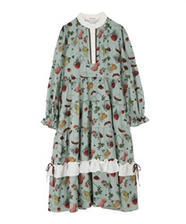 【Time Sale】Fruit tea pattern tiered dress(Green-Free)