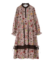 【Time Sale】Fruit tea pattern tiered dress(Pink-Free)