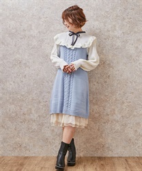 Flil knit Dress with ribbon(Saxe blue-F)