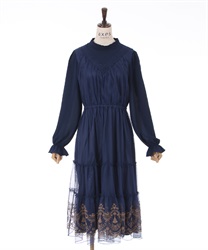 Hem embroidery Tiated tulle Dress(Navy-F)