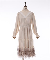 Hem embroidery Tiated tulle Dress(Cream-F)