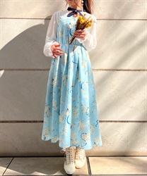 Mimosa pattern cross tie Dress(Saxe blue-F)
