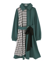 Check pattern bicolor dress(Green-Free)
