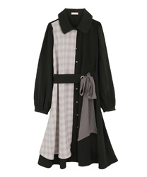 Check pattern bicolor dress(Black-Free)