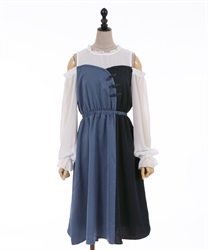 Bicolor china buttons dress(Blue-F)