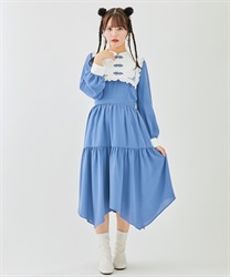 China button embroidery collar Dress(Blue-F)