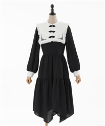 China button embroidery collar Dress(Black-F)