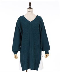 【Time Sale】Side pleated knit tunic(Blue green-Free)