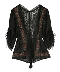 Lacy flower embroidery cardigan(Black-Free)