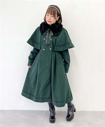 Cape long coat with fur collar(Green-M)