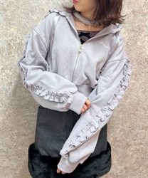 Embroidery frill short hoodie(Grey-F)