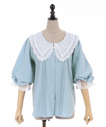 Collar embroidery volume sleeve Blouse(Saxe blue-F)