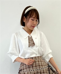 Puff sleeve Blouse with check ribbon(Ecru-F)