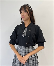 Puff sleeve Blouse with check ribbon(Black-F)