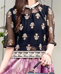 Tulle x flower embroidery Blouse(Black-F)