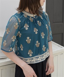 Tulle x flower embroidery Blouse(Blue green-F)