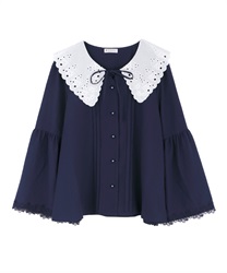 Big collar blouse with embroidery(Navy-Free)