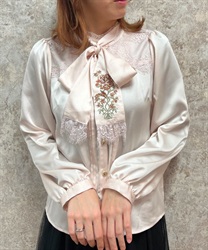 Flower embroidery ribbon satin Blouse(Pink-F)
