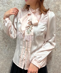 Flower embroidery ribbon satin Blouse