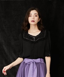 Gather Frill Blouse Pullover(Black-F)