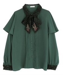 Melody embroidery cape blouse(Dark green-M)