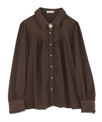 Pin tuck blouse with camel(Dark brown-M)