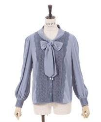 Delicate lace overlapping Bowtie Blouse(Blue-F)