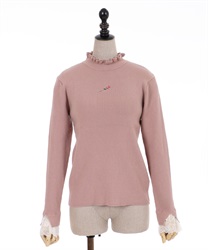 Knit roses embroidery pullover(Pale pink-M)