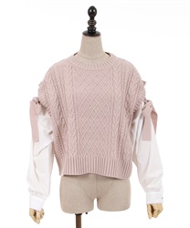 Shoulder ribbon knit docking Pullover(Pink-F)