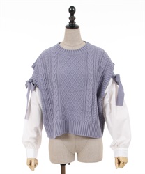 Shoulder ribbon knit docking Pullover(BlueGrey-F)