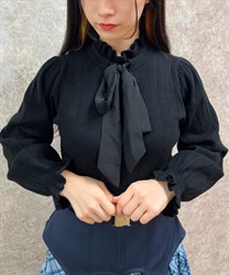 Knit with chiffon Bowtie Pullover(Black-F)