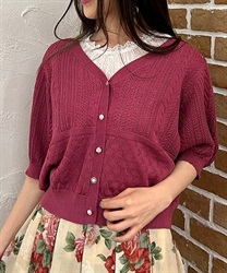 Switching knit short sleeve knit Cardigan(Pink-F)