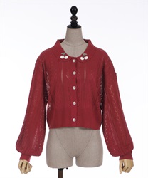 Cherry embroidery collar knit Cardigan(Red-F)