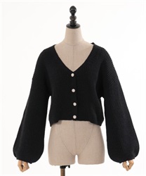 Pearl button short knit cardde(Black-F)