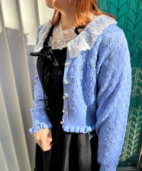 Lace frill collar knit Cardigan(Saxe blue-F)