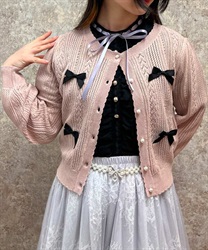 Openwork knit Cardigan with ribbon(Pink-F)