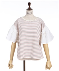 Cotton sleeve border T -shirt(Pink-F)