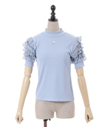 Rose embroidery frill sleeve cut Pullover(Blue-F)