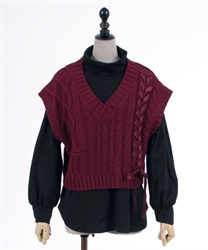 Cut with Knit Vest Pullover(Wine-F)