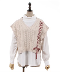 Cut with Knit Vest Pullover(Beige-F)