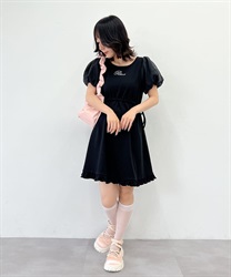 Sheer puff sleeve sleeve cut mini Dress(Black-F)