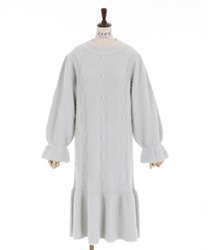 【Time Sale】Long feather knit dress(Grey-Free)