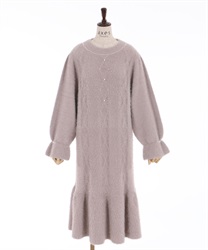 【Time Sale】Long feather knit dress(Pink-Free)