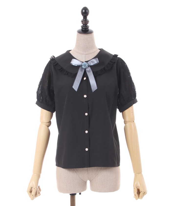 Big collar Blouse with flower ribbon